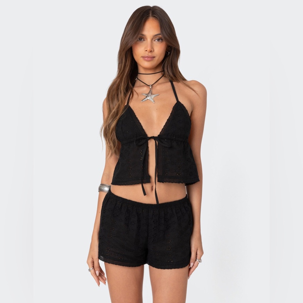 EDIKTED Jael Tie Front Eyelet Halter Top